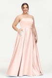 Strapless Satin A Line Princess Dress Rhinestone Ruched Formal Evening Prom Party Dresses