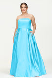 Strapless Satin A Line Princess Dress Rhinestone Ruched Formal Evening Prom Party Dresses