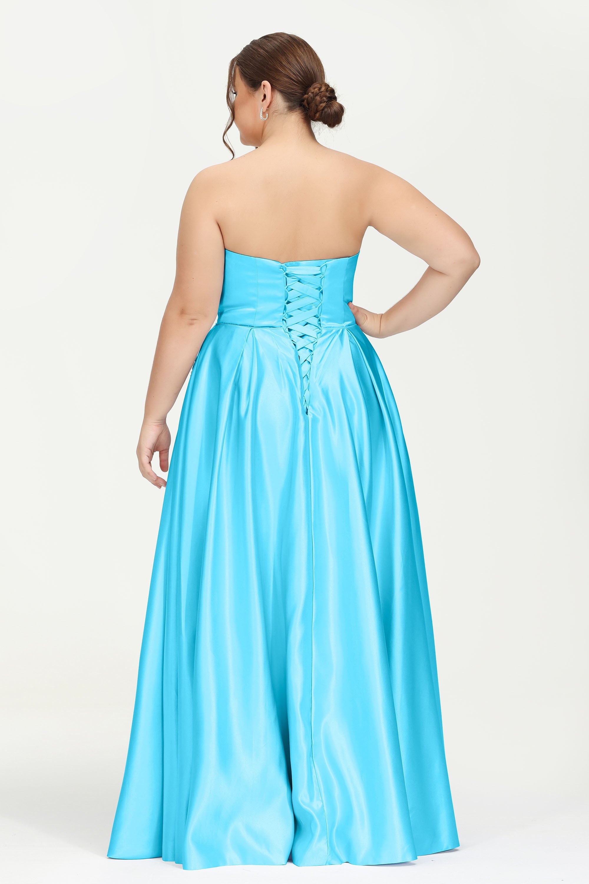 Strapless Satin A Line Princess Dress Rhinestone Ruched Formal Evening Prom Party Dresses