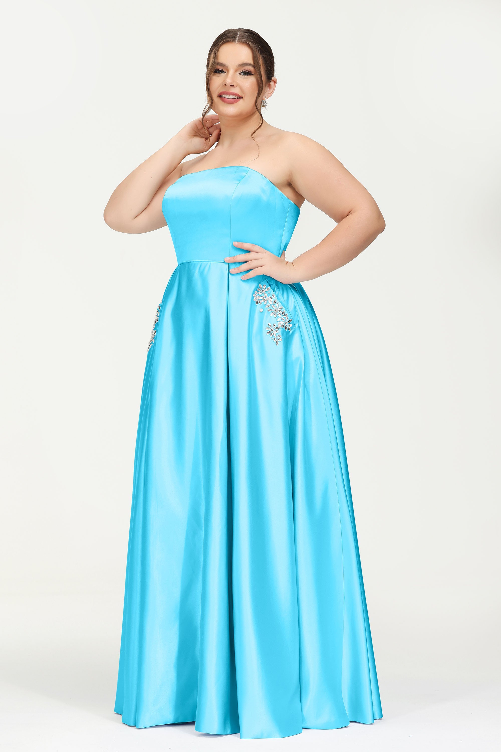 Strapless Satin A Line Princess Dress Rhinestone Ruched Formal Evening Prom Party Dresses