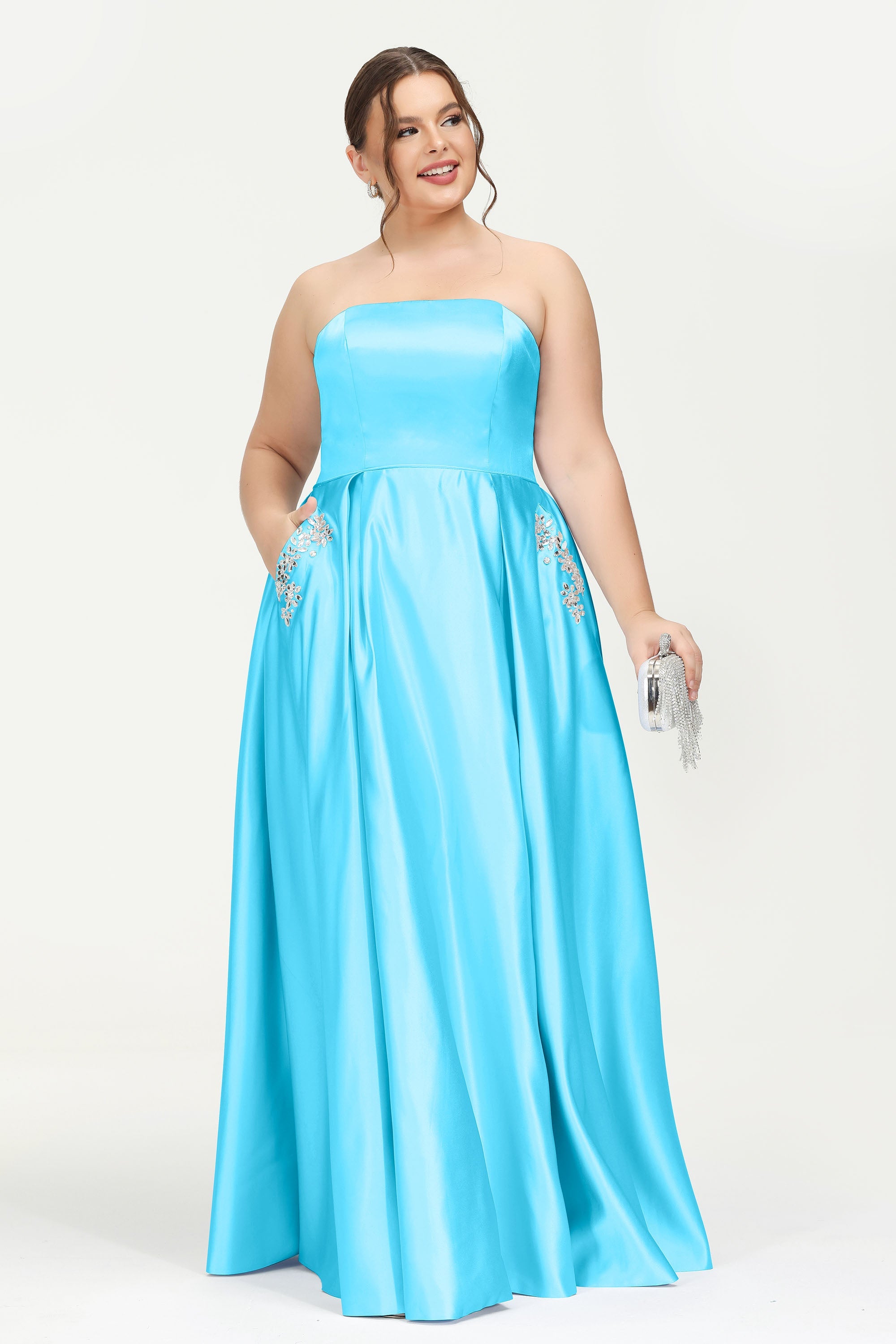 Strapless Satin A Line Princess Dress Rhinestone Ruched Formal Evening Prom Party Dresses