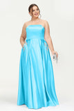 Strapless Satin A Line Princess Dress Rhinestone Ruched Formal Evening Prom Party Dresses