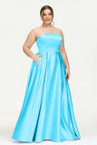 Strapless Satin A Line Princess Dress Rhinestone Ruched Formal Evening Prom Party Dresses