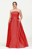 Strapless Satin A Line Princess Dress Rhinestone Ruched Formal Evening Prom Party Dresses