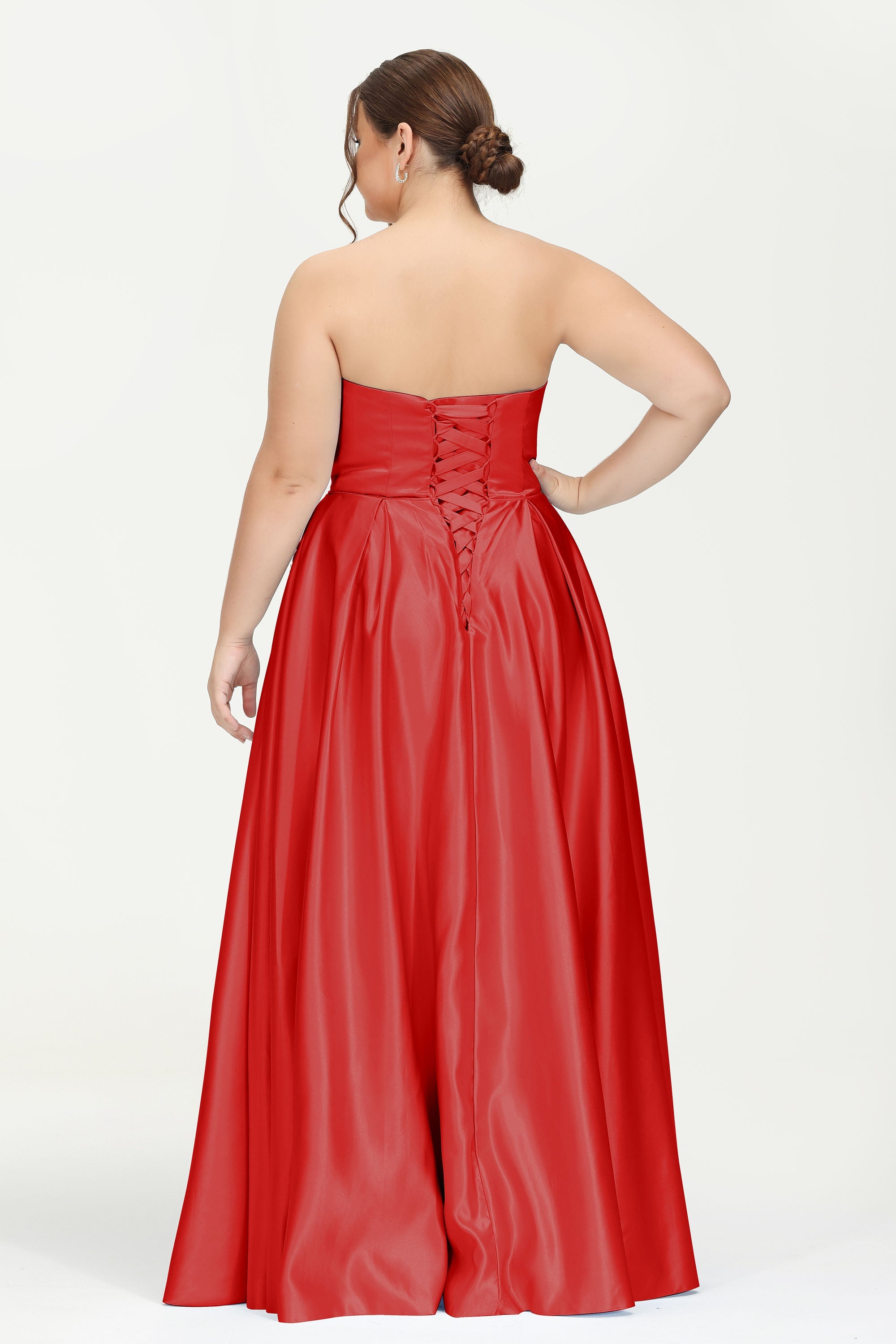 Strapless Satin A Line Princess Dress Rhinestone Ruched Formal Evening Prom Party Dresses
