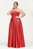 Strapless Satin A Line Princess Dress Rhinestone Ruched Formal Evening Prom Party Dresses