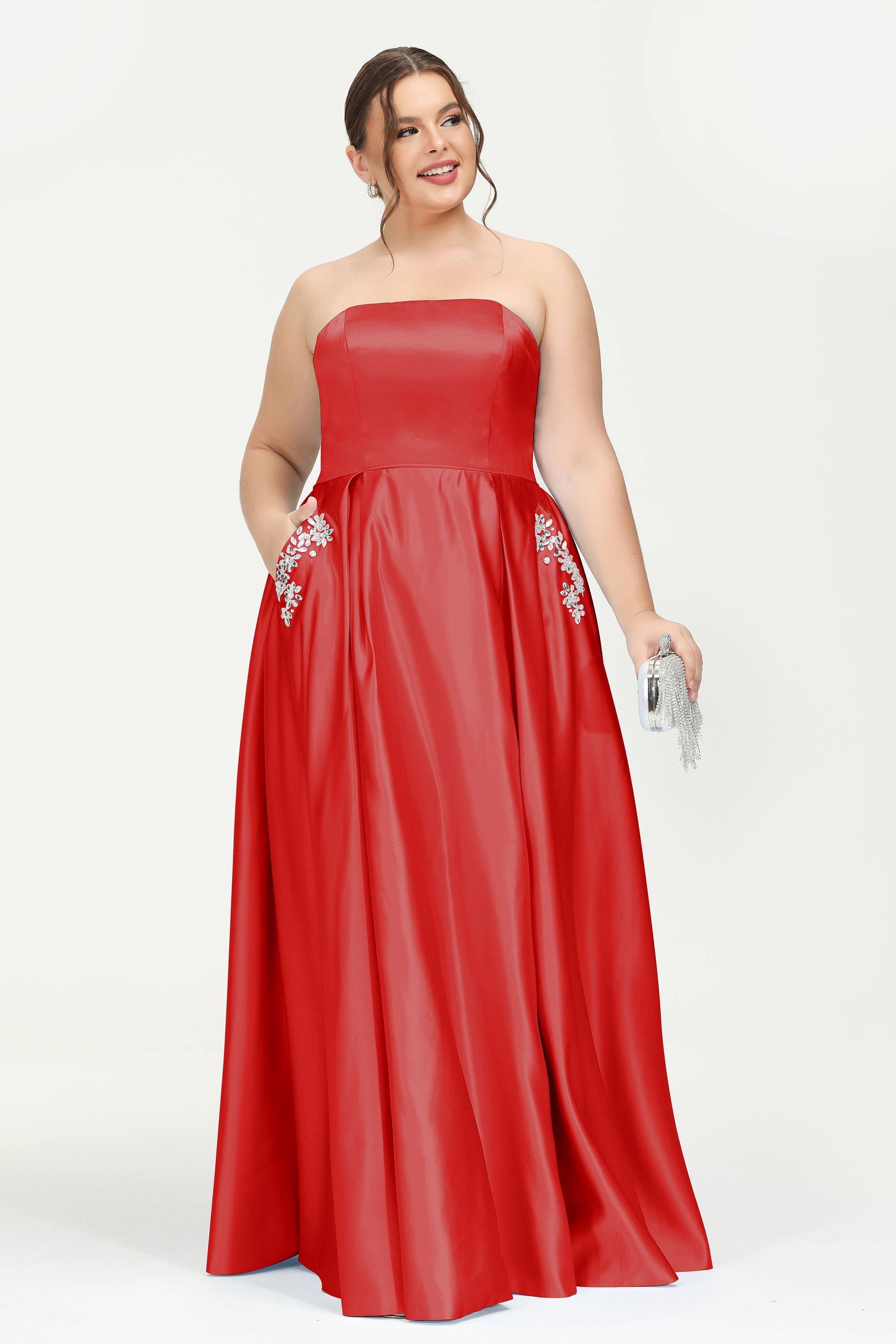 Strapless Satin A Line Princess Dress Rhinestone Ruched Formal Evening Prom Party Dresses
