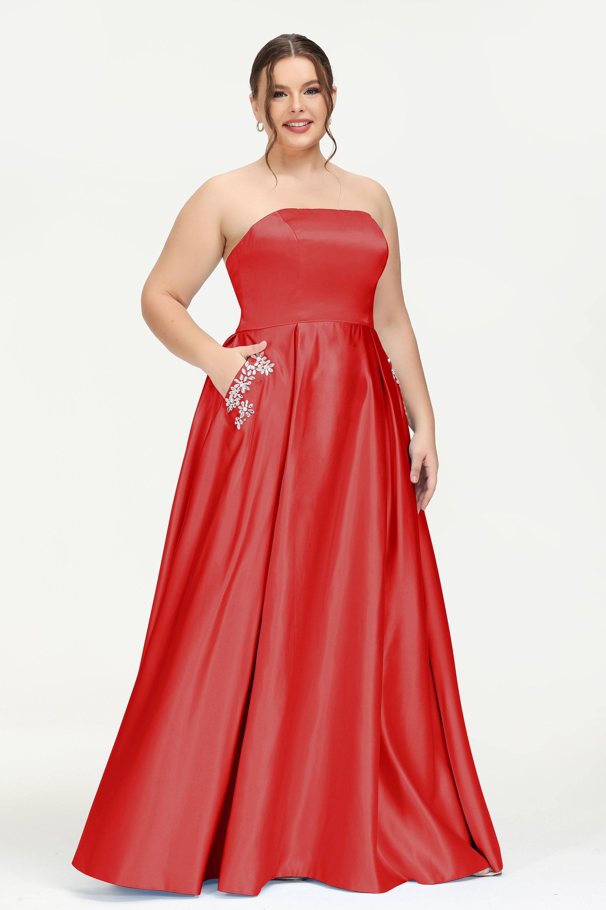 Strapless Satin A Line Princess Dress Rhinestone Ruched Formal Evening Prom Party Dresses