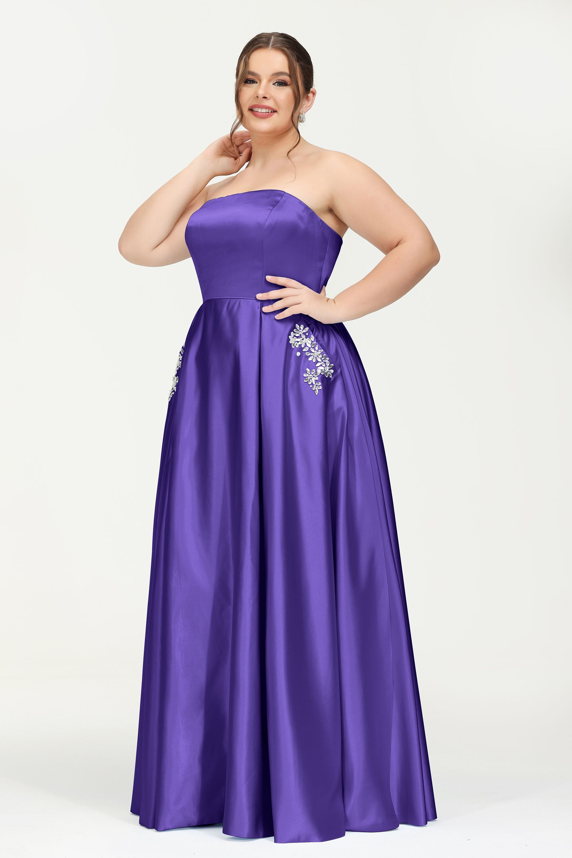 Strapless Satin A Line Princess Dress Rhinestone Ruched Formal Evening Prom Party Dresses