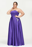 Strapless Satin A Line Princess Dress Rhinestone Ruched Formal Evening Prom Party Dresses