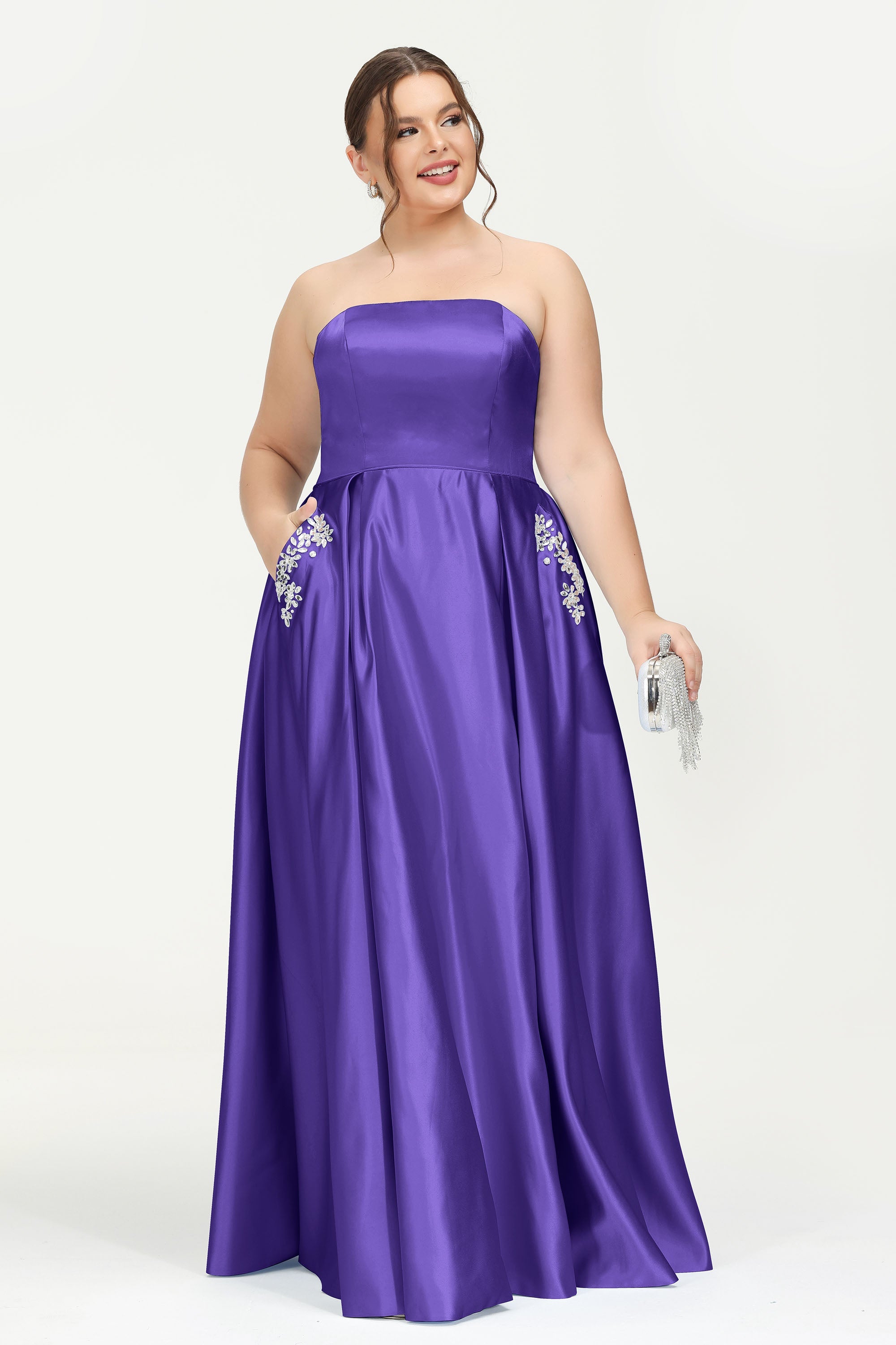 Strapless Satin A Line Princess Dress Rhinestone Ruched Formal Evening Prom Party Dresses