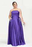 Strapless Satin A Line Princess Dress Rhinestone Ruched Formal Evening Prom Party Dresses