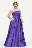 Strapless Satin A Line Princess Dress Rhinestone Ruched Formal Evening Prom Party Dresses