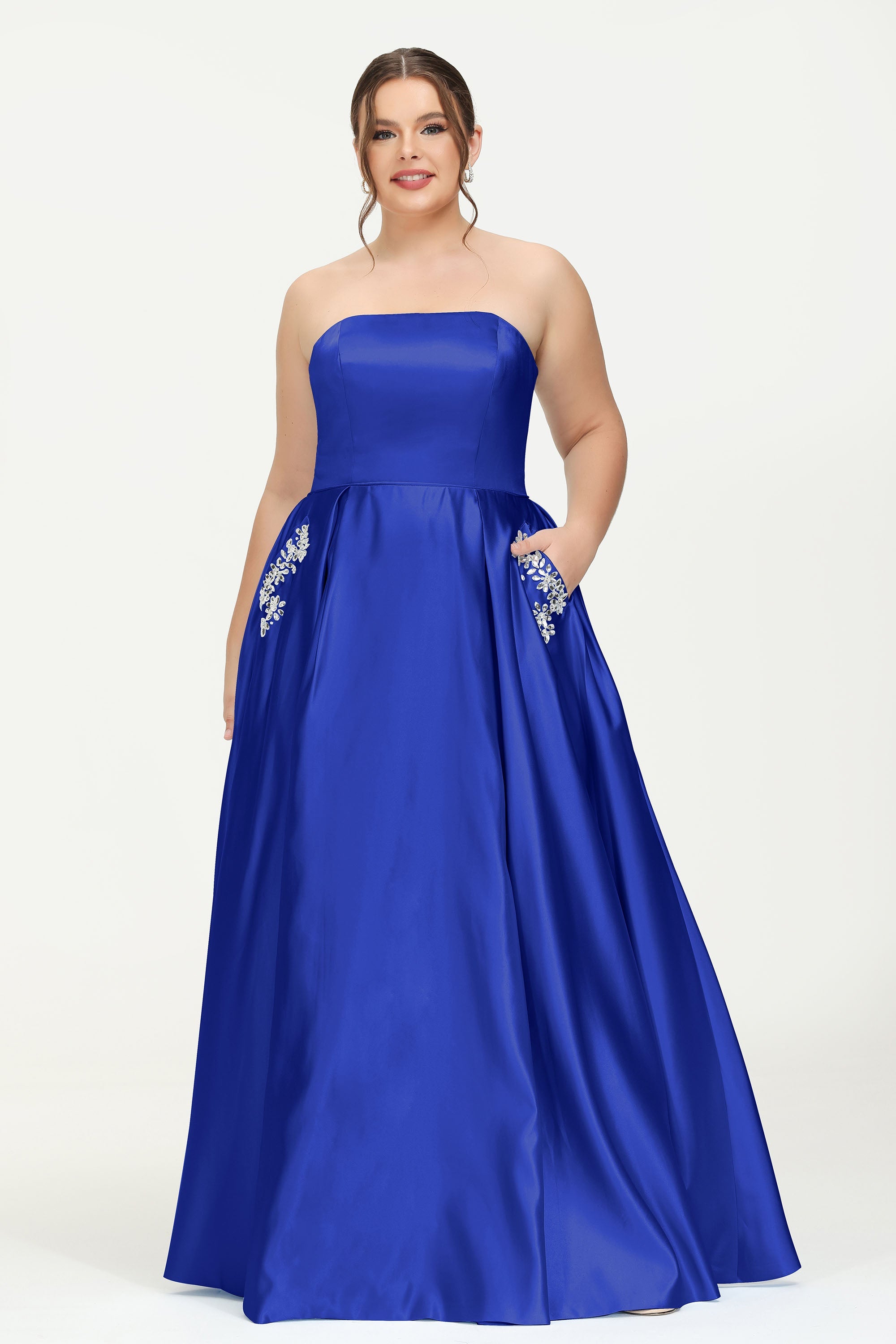 Strapless Satin A Line Princess Dress Rhinestone Ruched Formal Evening Prom Party Dresses