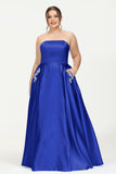 Strapless Satin A Line Princess Dress Rhinestone Ruched Formal Evening Prom Party Dresses