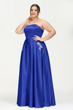 Strapless Satin A Line Princess Dress Rhinestone Ruched Formal Evening Prom Party Dresses