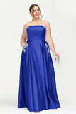 Strapless Satin A Line Princess Dress Rhinestone Ruched Formal Evening Prom Party Dresses