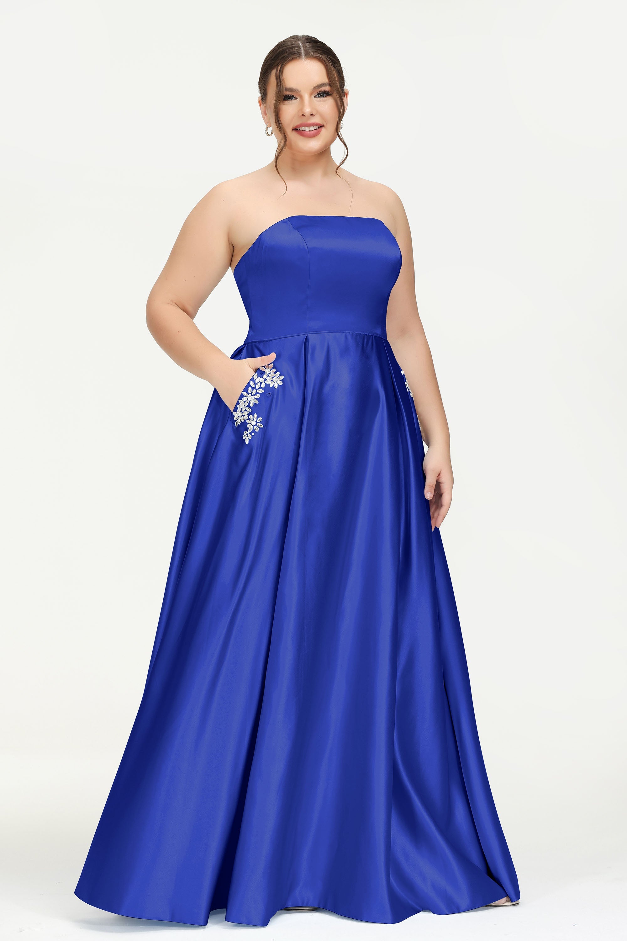 Strapless Satin A Line Princess Dress Rhinestone Ruched Formal Evening Prom Party Dresses