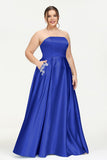 Strapless Satin A Line Princess Dress Rhinestone Ruched Formal Evening Prom Party Dresses