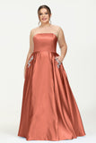 Strapless Satin A Line Princess Dress Rhinestone Ruched Formal Evening Prom Party Dresses