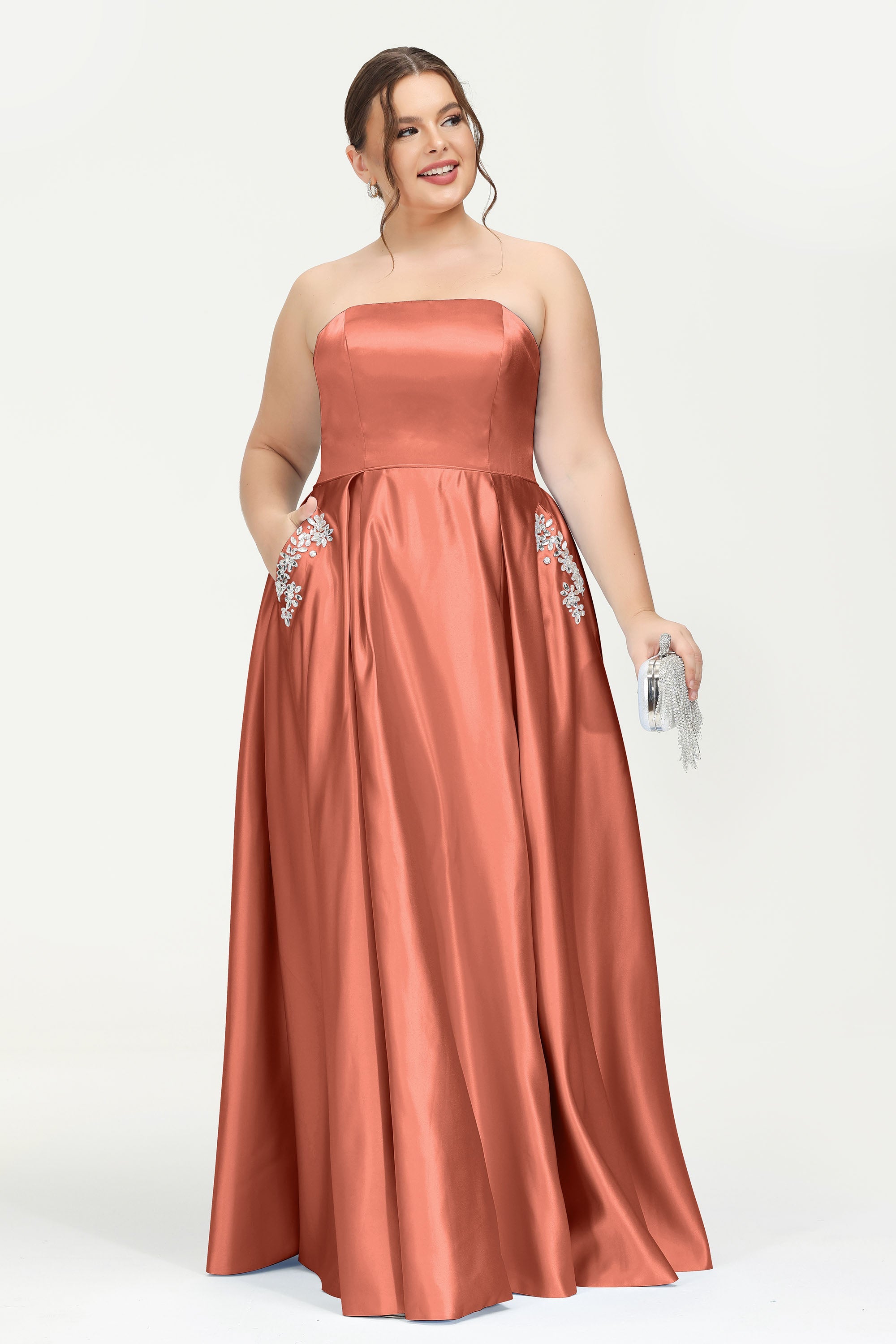 Strapless Satin A Line Princess Dress Rhinestone Ruched Formal Evening Prom Party Dresses