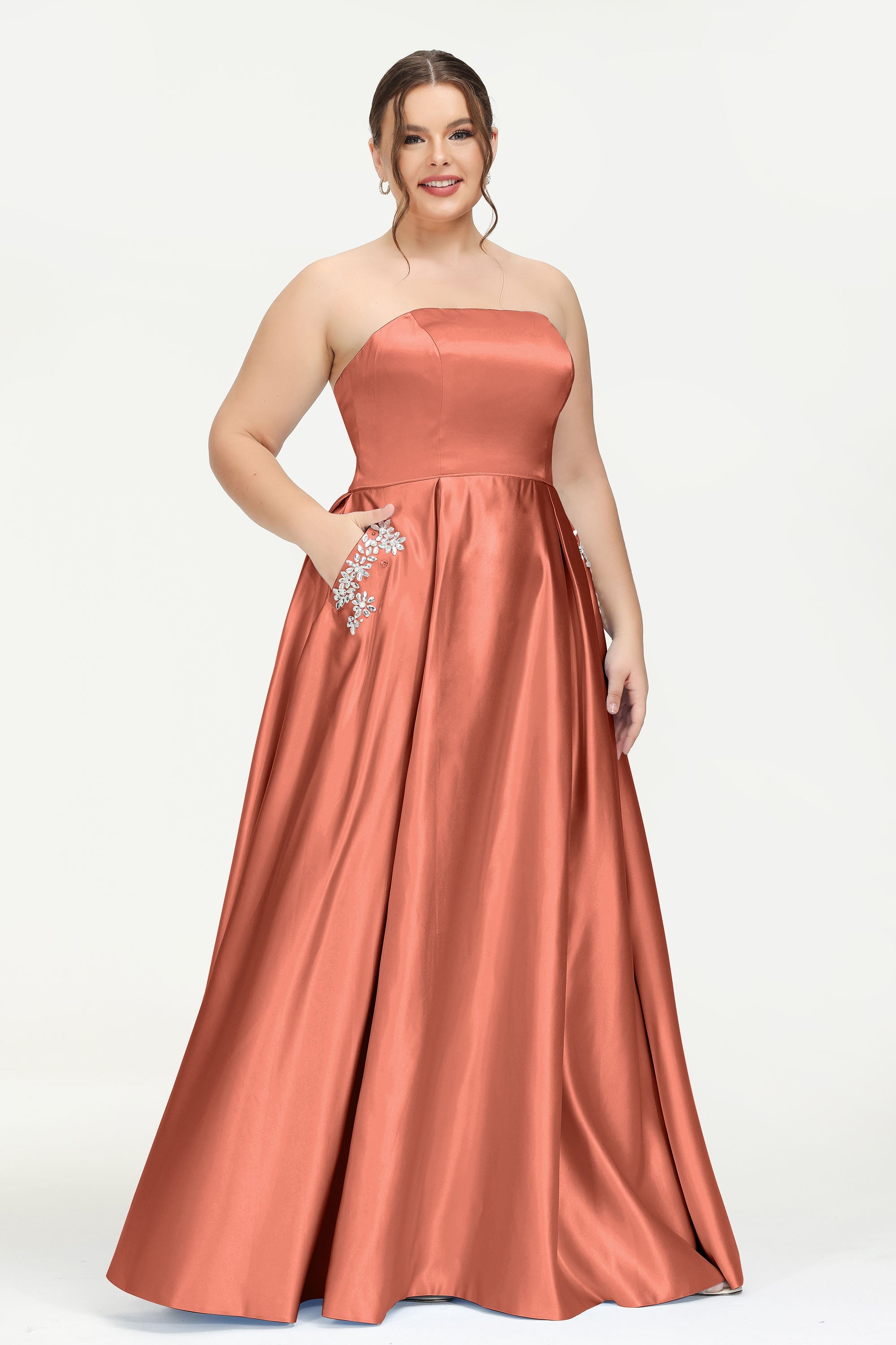 Strapless Satin A Line Princess Dress Rhinestone Ruched Formal Evening Prom Party Dresses