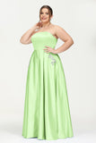 Strapless Satin A Line Princess Dress Rhinestone Ruched Formal Evening Prom Party Dresses