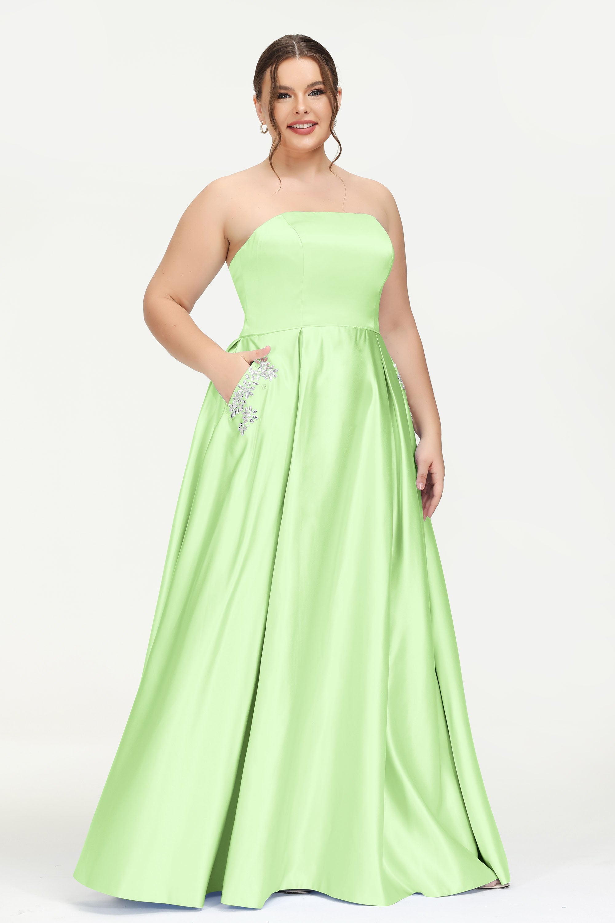 Strapless Satin A Line Princess Dress Rhinestone Ruched Formal Evening Prom Party Dresses