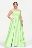 Strapless Satin A Line Princess Dress Rhinestone Ruched Formal Evening Prom Party Dresses