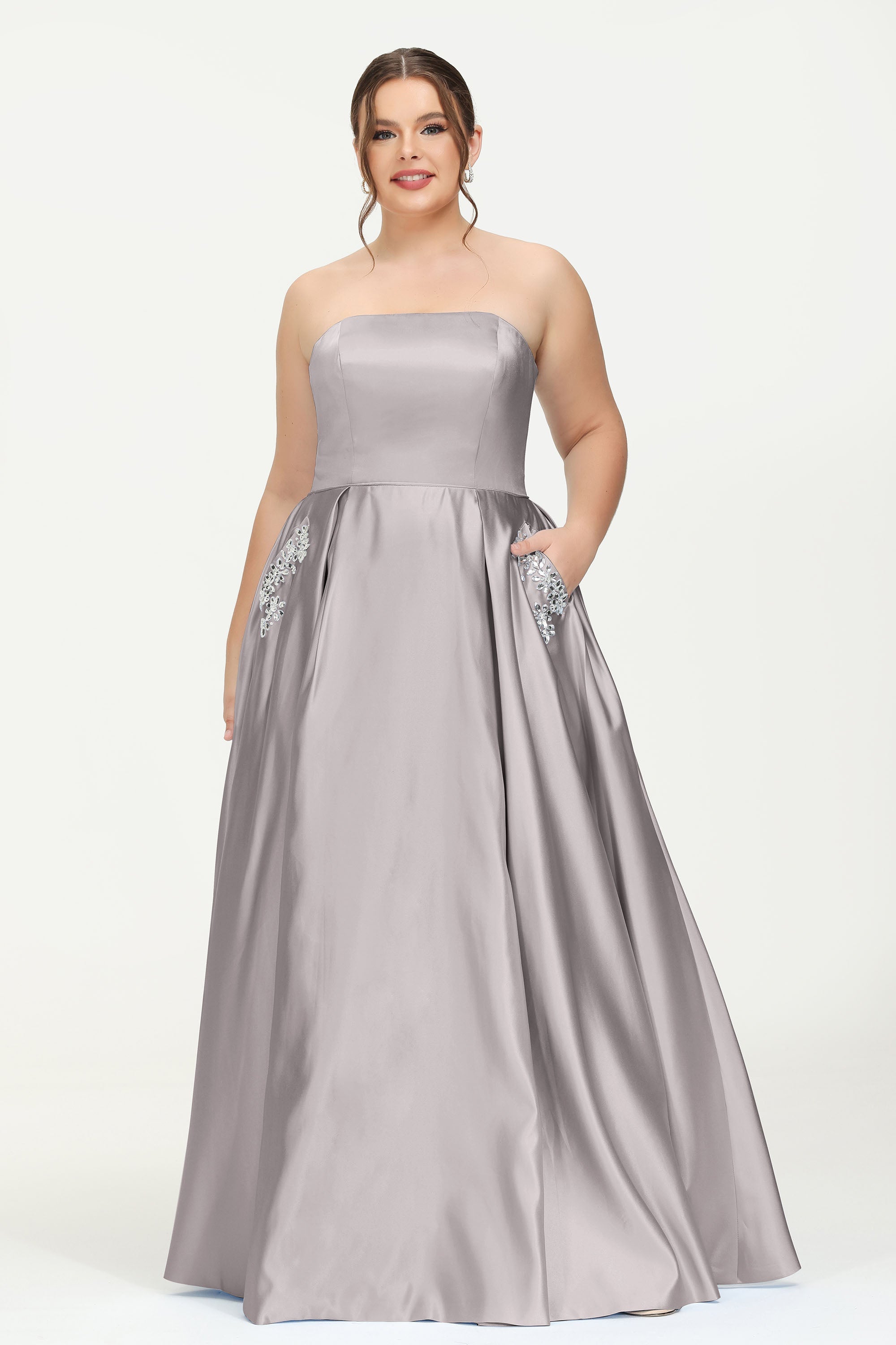 Strapless Satin A Line Princess Dress Rhinestone Ruched Formal Evening Prom Party Dresses