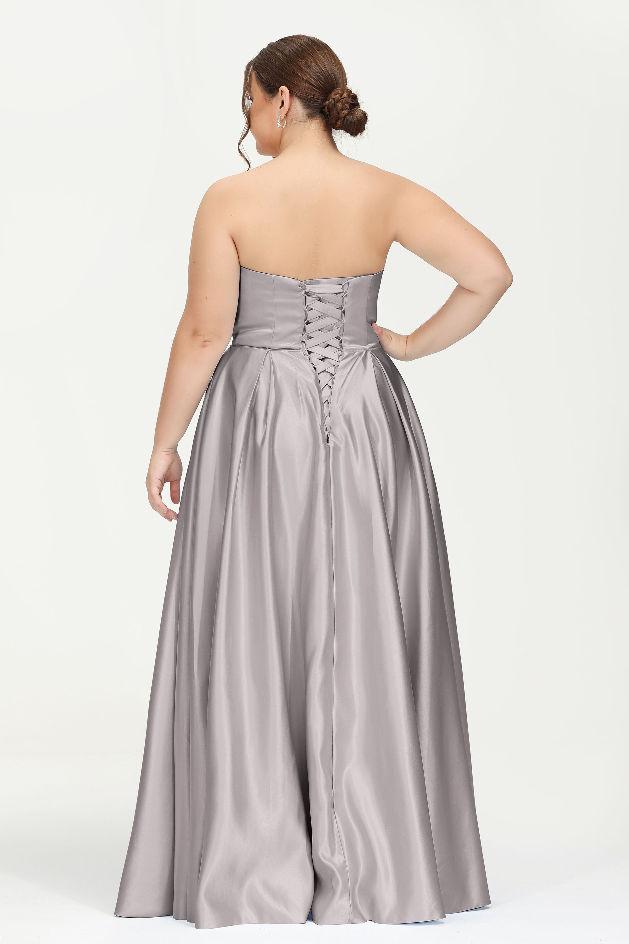 Strapless Satin A Line Princess Dress Rhinestone Ruched Formal Evening Prom Party Dresses