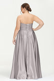 Strapless Satin A Line Princess Dress Rhinestone Ruched Formal Evening Prom Party Dresses
