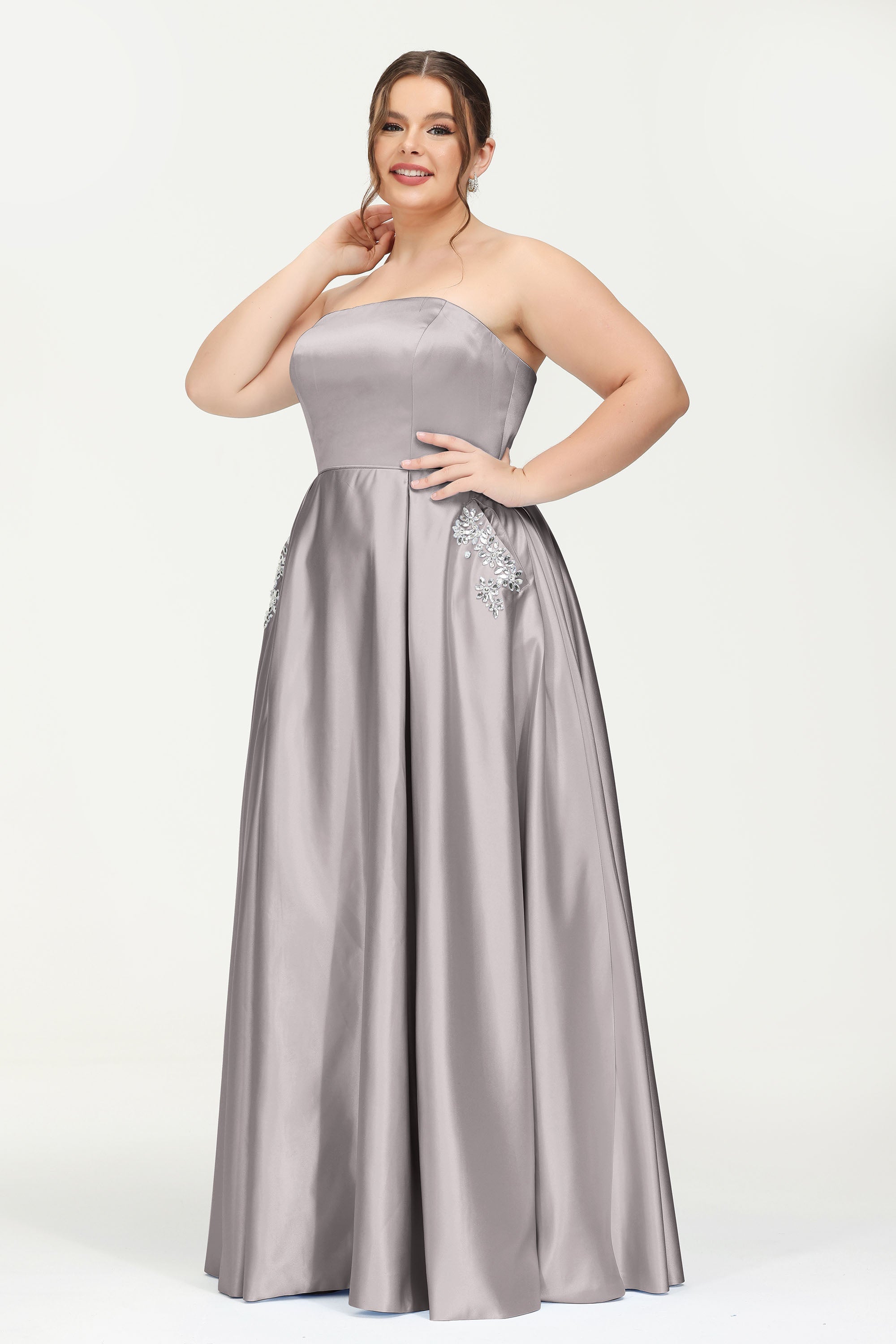 Strapless Satin A Line Princess Dress Rhinestone Ruched Formal Evening Prom Party Dresses