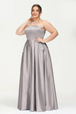 Strapless Satin A Line Princess Dress Rhinestone Ruched Formal Evening Prom Party Dresses