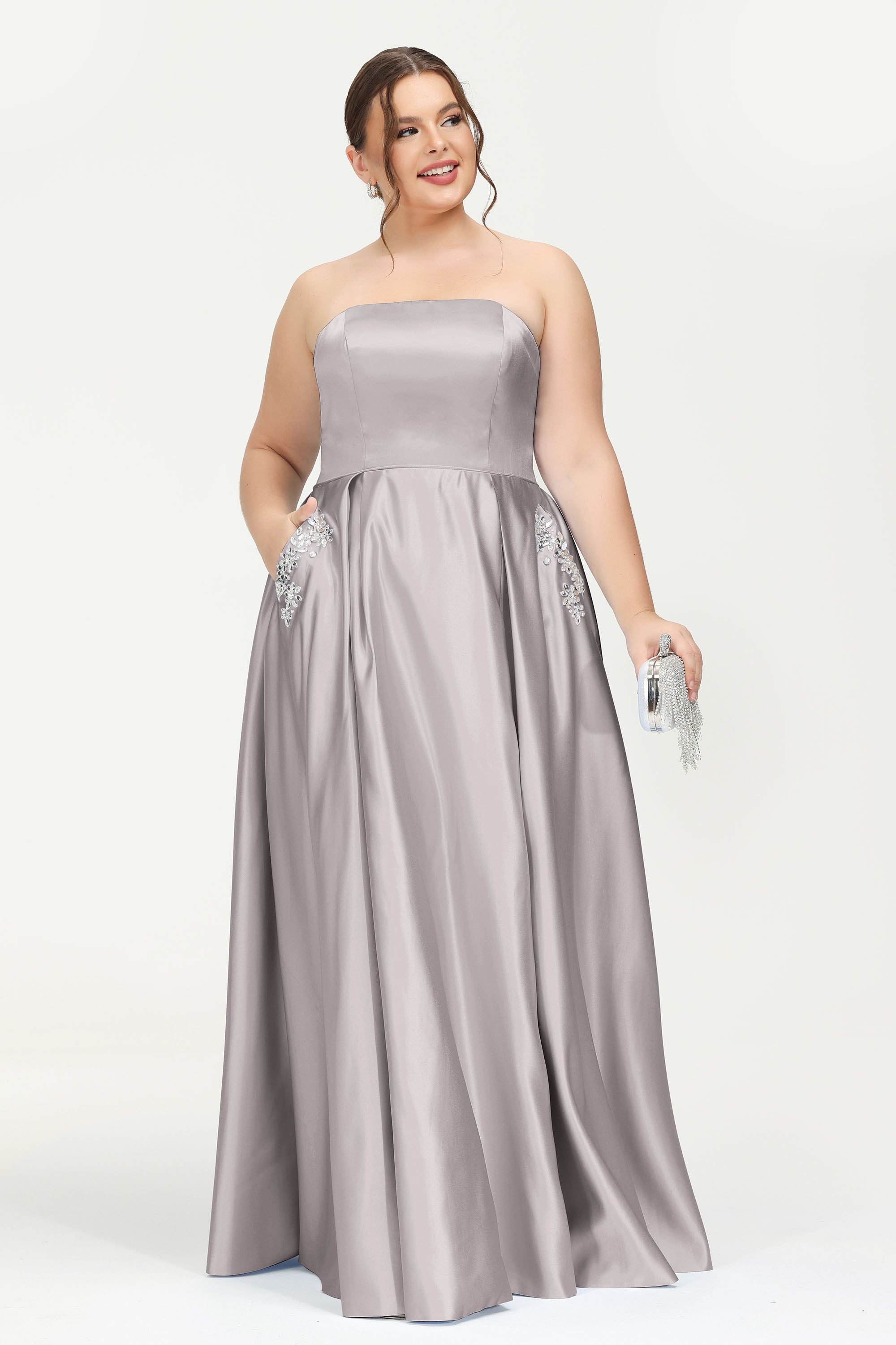 Strapless Satin A Line Princess Dress Rhinestone Ruched Formal Evening Prom Party Dresses