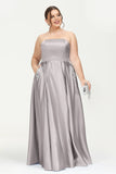 Strapless Satin A Line Princess Dress Rhinestone Ruched Formal Evening Prom Party Dresses