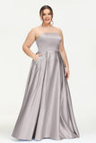 Strapless Satin A Line Princess Dress Rhinestone Ruched Formal Evening Prom Party Dresses