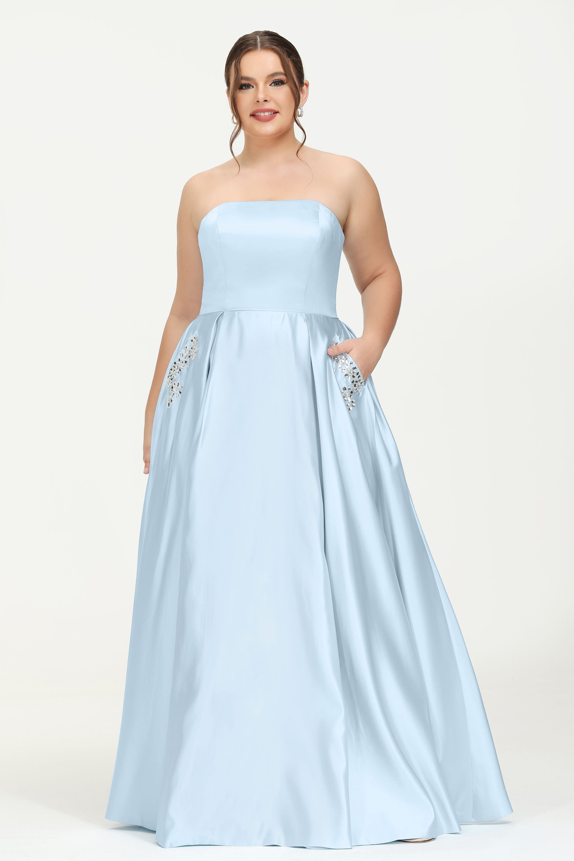 Strapless Satin A Line Princess Dress Rhinestone Ruched Formal Evening Prom Party Dresses