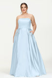 Strapless Satin A Line Princess Dress Rhinestone Ruched Formal Evening Prom Party Dresses