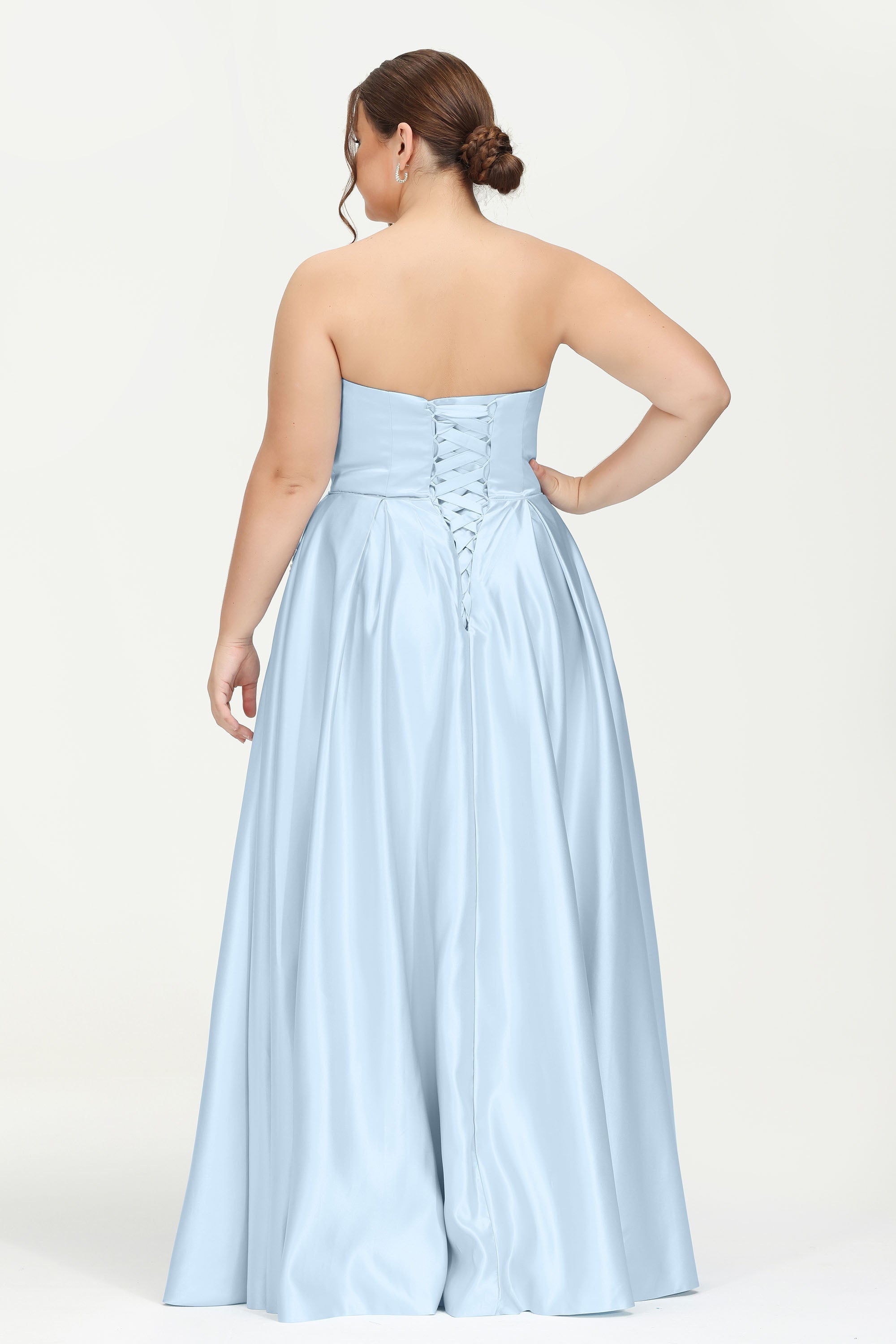 Strapless Satin A Line Princess Dress Rhinestone Ruched Formal Evening Prom Party Dresses
