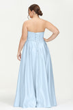 Strapless Satin A Line Princess Dress Rhinestone Ruched Formal Evening Prom Party Dresses