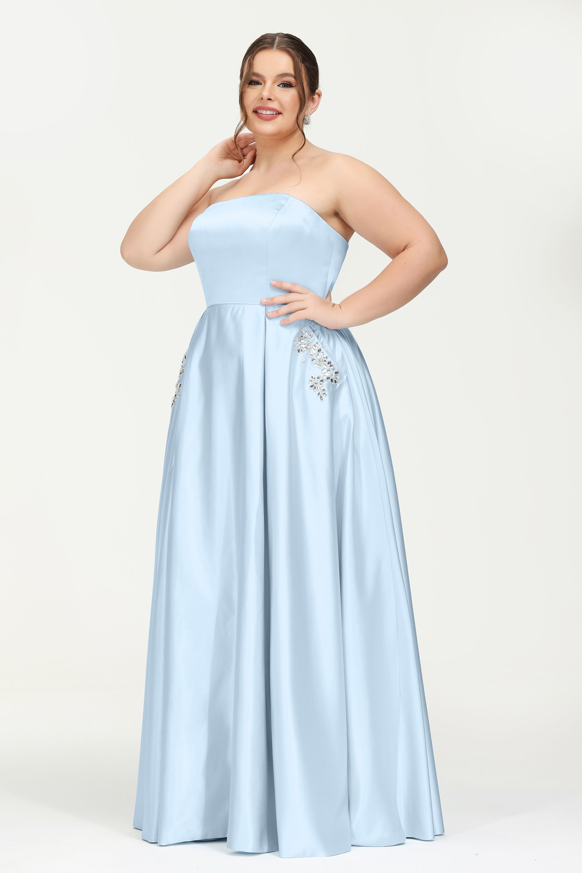 Strapless Satin A Line Princess Dress Rhinestone Ruched Formal Evening Prom Party Dresses