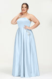 Strapless Satin A Line Princess Dress Rhinestone Ruched Formal Evening Prom Party Dresses