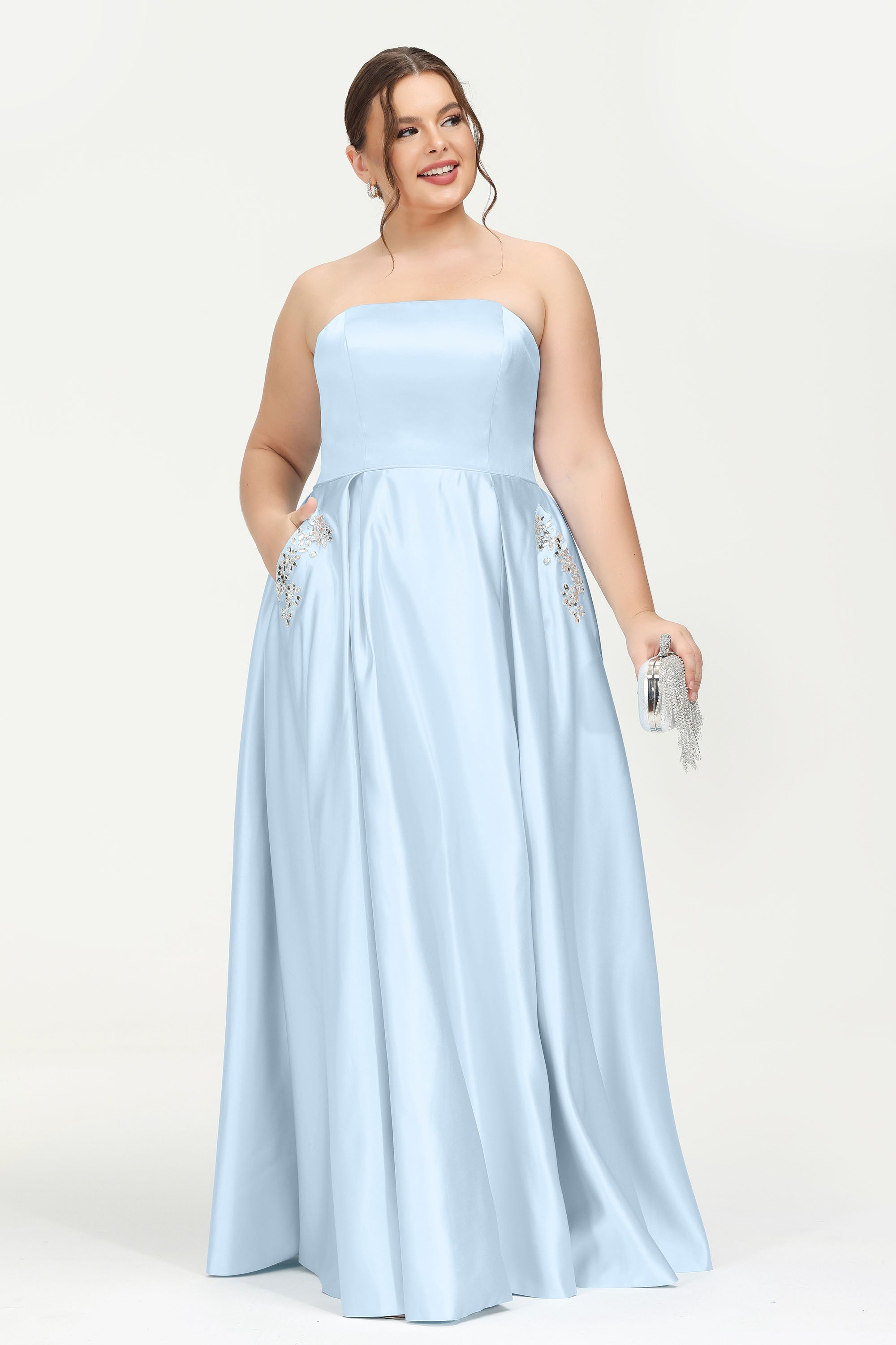 Strapless Satin A Line Princess Dress Rhinestone Ruched Formal Evening Prom Party Dresses