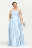 Strapless Satin A Line Princess Dress Rhinestone Ruched Formal Evening Prom Party Dresses
