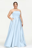 Strapless Satin A Line Princess Dress Rhinestone Ruched Formal Evening Prom Party Dresses