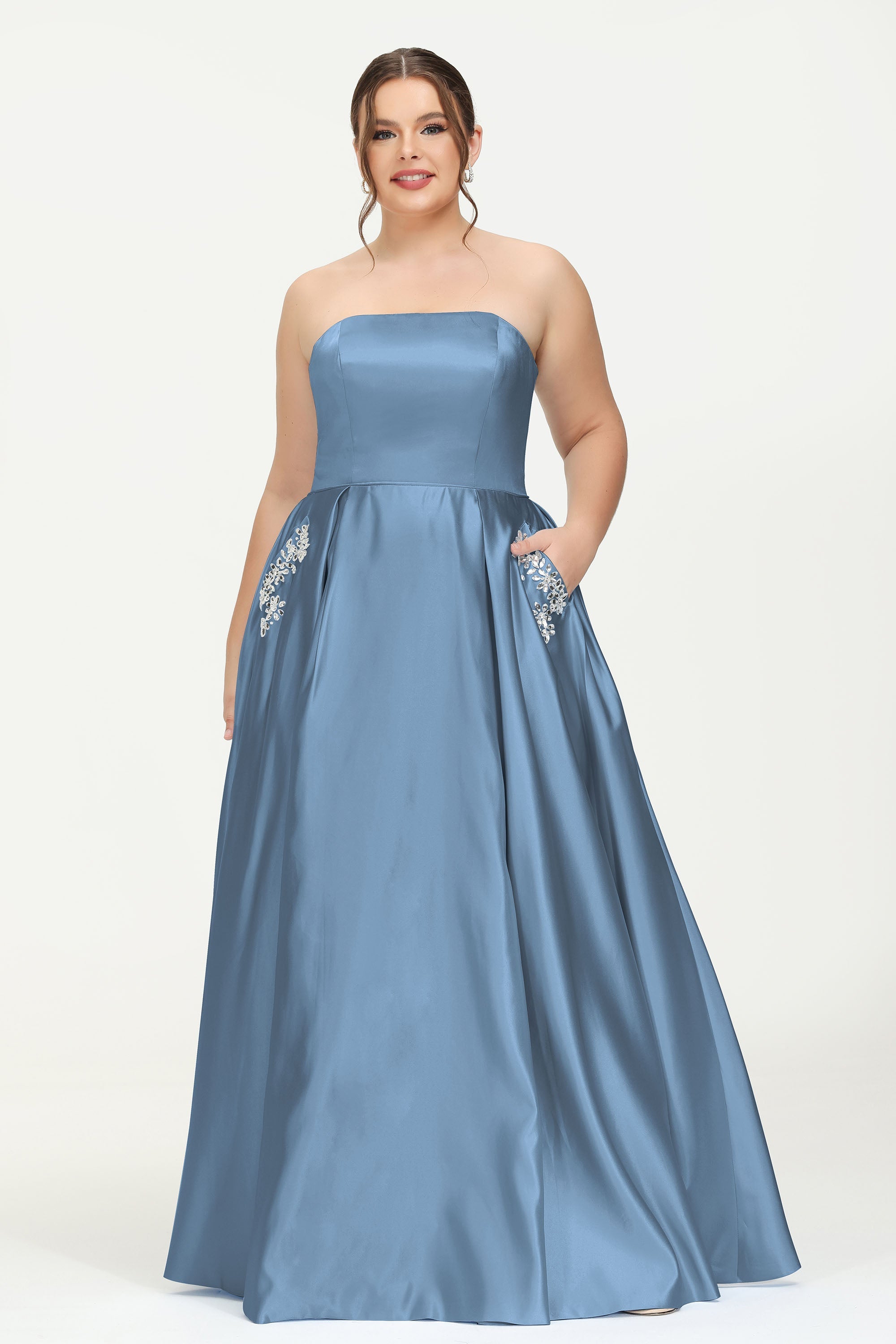 Strapless Satin A Line Princess Dress Rhinestone Ruched Formal Evening Prom Party Dresses