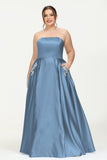 Strapless Satin A Line Princess Dress Rhinestone Ruched Formal Evening Prom Party Dresses