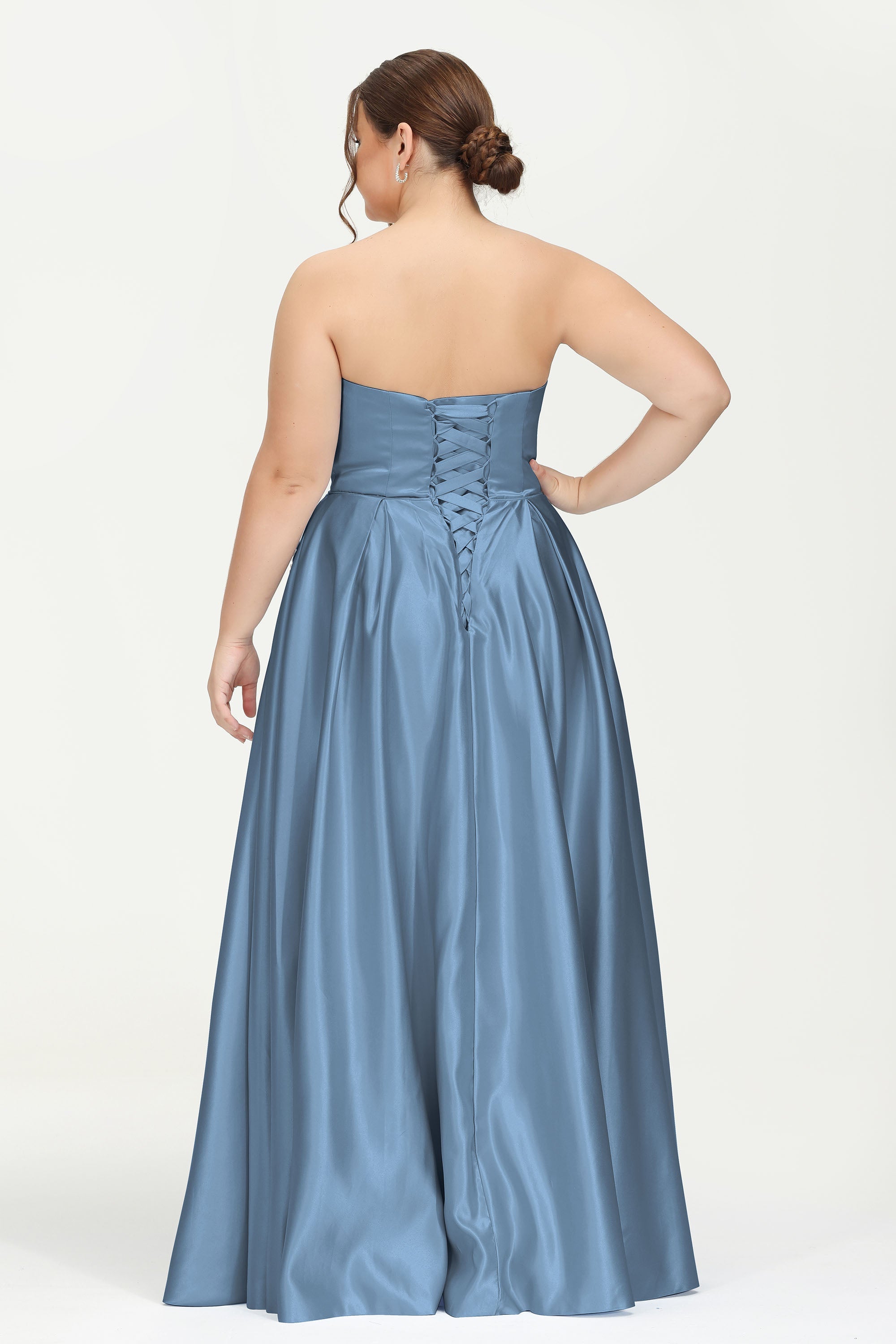 Strapless Satin A Line Princess Dress Rhinestone Ruched Formal Evening Prom Party Dresses