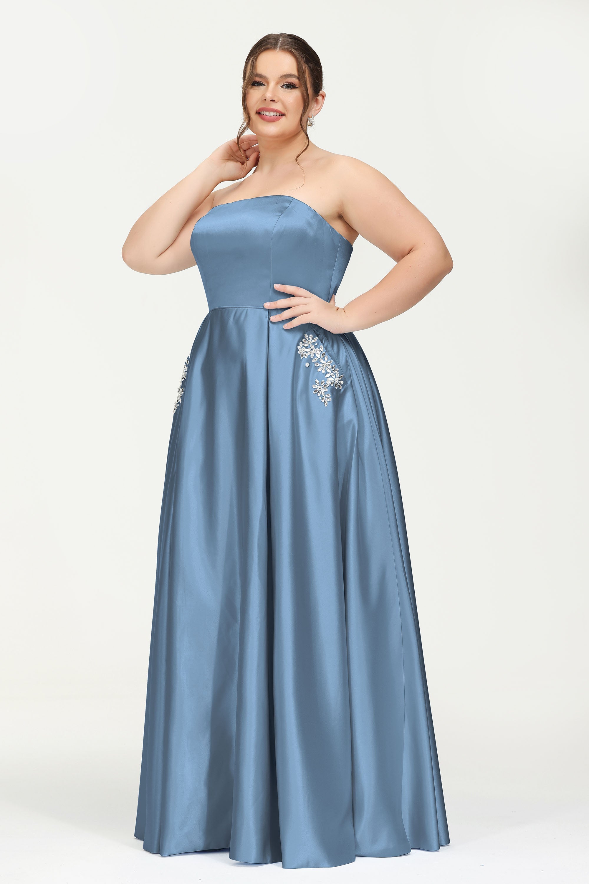 Strapless Satin A Line Princess Dress Rhinestone Ruched Formal Evening Prom Party Dresses